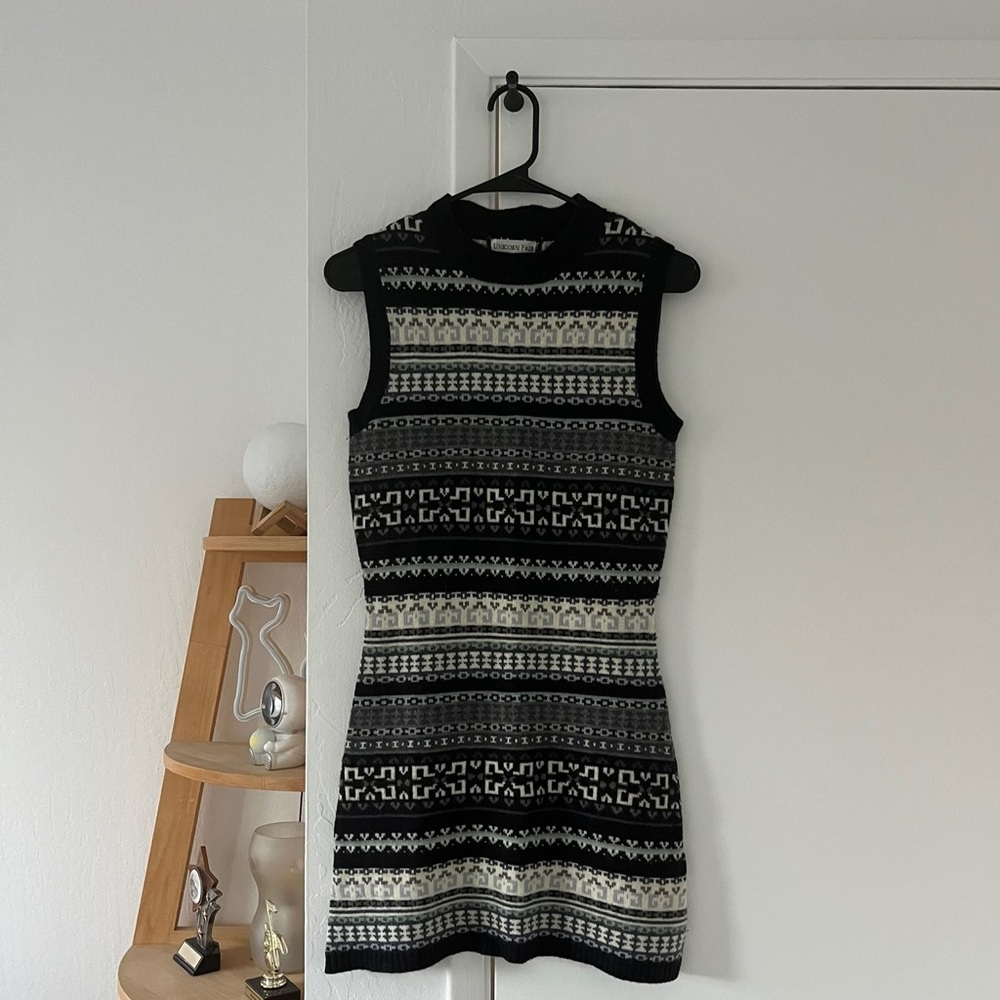 Vintage Black and White Striped Knitted Mini Dress